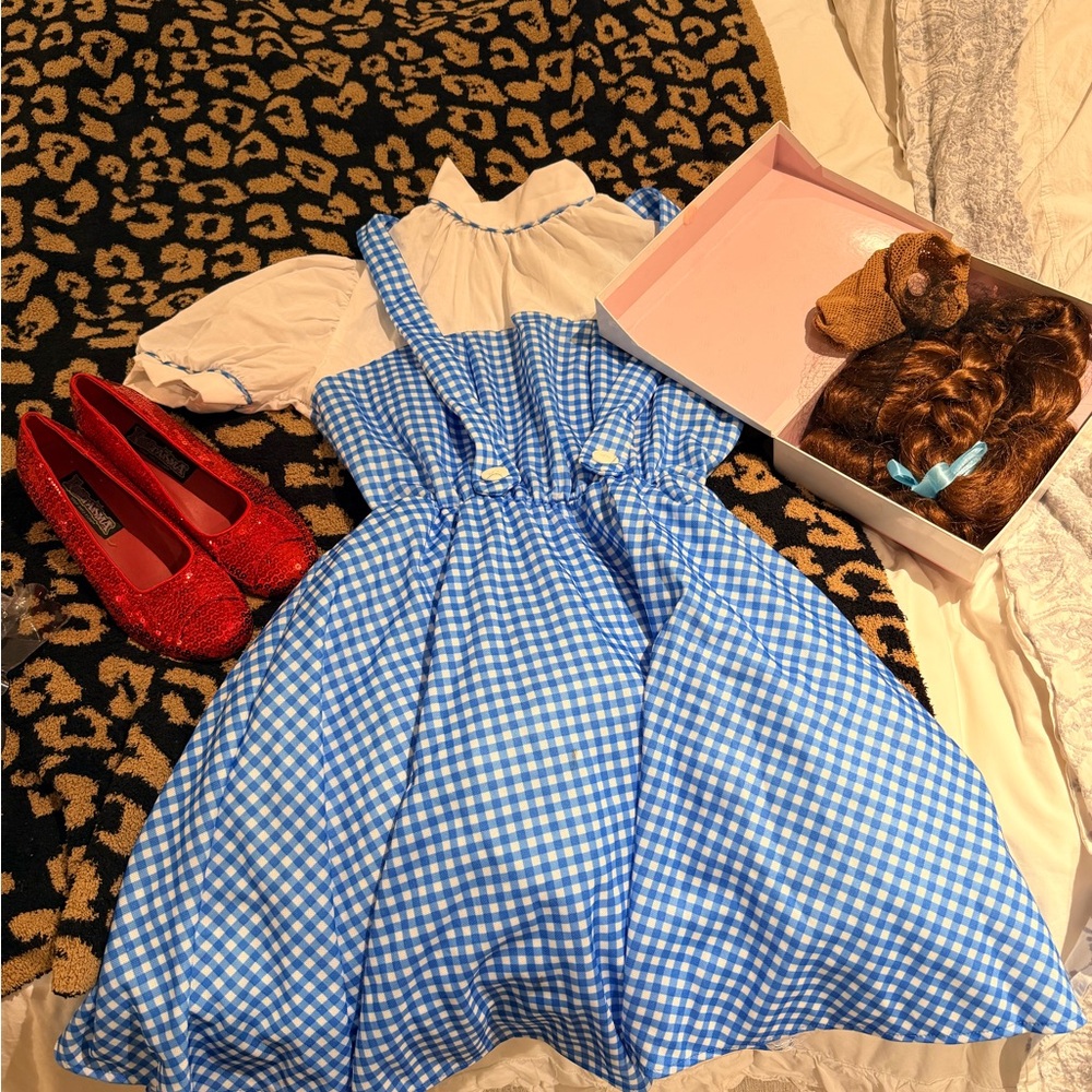 Dorothy wizard of oz complete costume with wig, gingham dress and sz8 ruby shoes